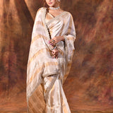 Cream Silk Blend Embroidered Saree