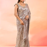 Silver Sequin Shimmer Saree With Stitched Designer Blouse