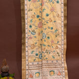Golden Beige Tussar Silk Saree With Kalamkari Floral Hand Painted & Kantha Embroidery