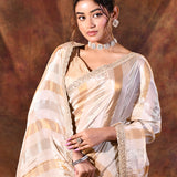 Cream Silk Blend Embroidered Saree