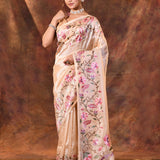 Light Cream Floral Embroidered Tissue Silk Saree
