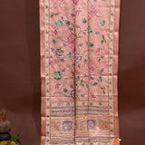 Peach Tussar Silk Saree With Kalamkari Floral Print & Kantha Embroidery