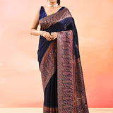Royal Navi Blue With Multicolour Paisley Woven Border Kani Silk Saree