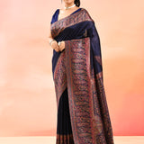 Royal Navi Blue With Multicolour Paisley Woven Border Kani Silk Saree