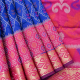Blue & Pink Banarasi Silk Saree With Patan Patola Weave & Gold Zari Border