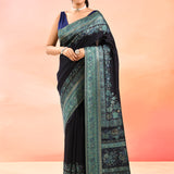 Midnight Blue Kani Silk Saree With Teal Green Floral Woven Border