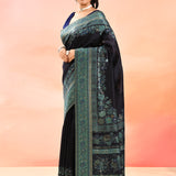 Midnight Blue Kani Silk Saree With Teal Green Floral Woven Border