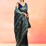 Midnight Blue Kani Silk Saree With Teal Green Floral Woven Border