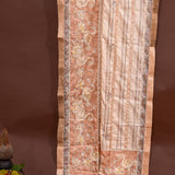 Peach Tussar Silk Saree With Kalamkari Swan & Floral Hand Painted Design & Kantha Embroidery