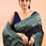 Midnight Blue Kani Silk Saree With Teal Green Floral Woven Border