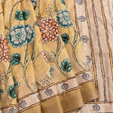 Golden Beige Tussar Silk Saree With Kalamkari Floral Hand Painted & Kantha Embroidery