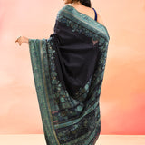 Midnight Blue Kani Silk Saree With Teal Green Floral Woven Border