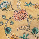 Golden Beige Tussar Silk Saree With Kalamkari Floral Hand Painted & Kantha Embroidery