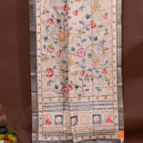 Beige Tussar Silk Saree With Kalamkari Floral Print, Kantha Embroidery & Grey Border