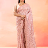 Soft Pink Net Saree With Intricate Lace Embroidery