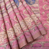 Pink Kalamkari Hand Painted Tussar Silk Saree With Paisley & Bird Motifs