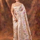 Shiny Cream Floral Embroidered Tissue Silk Saree