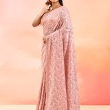 Soft Pink Net Saree With Intricate Lace Embroidery