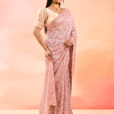 Soft Pink Net Saree With Intricate Lace Embroidery