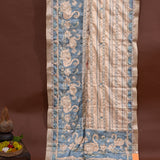 Blue Beige Gold Zari Floral Kalamkari Silk Saree With Peacock Motif Pallu