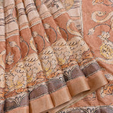 Peach Tussar Silk Saree With Kalamkari Swan & Floral Hand Painted Design & Kantha Embroidery