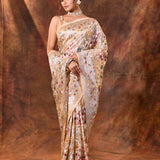 Shiny Cream Floral Embroidered Tissue Silk Saree