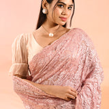 Soft Pink Net Saree With Intricate Lace Embroidery