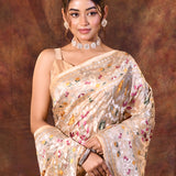 Shiny Cream Floral Embroidered Tissue Silk Saree