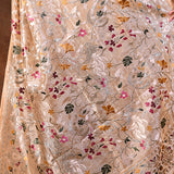 Shiny Cream Floral Embroidered Tissue Silk Saree