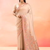 Soft Peach Kani Silk Saree With Pastel Multicolour Paisley Woven Border