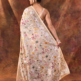 Shiny Cream Floral Embroidered Tissue Silk Saree