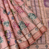 Peach Tussar Silk Saree With Kalamkari Floral Print & Kantha Embroidery