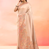 Soft Peach Kani Silk Saree With Pastel Multicolour Paisley Woven Border
