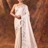 Pure White Tussar Embroidered Saree