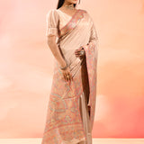 Soft Peach Kani Silk Saree With Pastel Multicolour Paisley Woven Border
