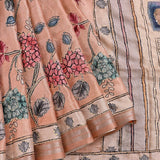 Muted Beige Khadi Tussar Saree With Hand-Embroidered Floral Clusters