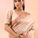 Soft Peach Kani Silk Saree With Pastel Multicolour Paisley Woven Border