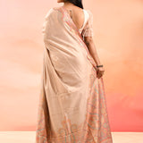 Soft Peach Kani Silk Saree With Pastel Multicolour Paisley Woven Border