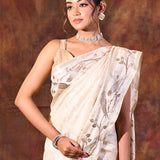 Pure White Tussar Embroidered Saree