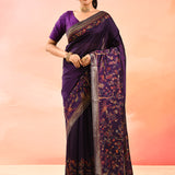 Royal Purple With Multicolour Floral And Birds Woven Pallu Kani Silk Saree