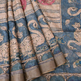 Blue Beige Gold Zari Floral Kalamkari Silk Saree With Peacock Motif Pallu