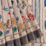 Beige Tussar Silk Saree With Kalamkari Floral Print, Kantha Embroidery & Grey Border