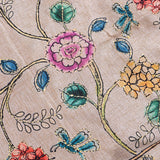 Beige Tussar Silk Saree With Kalamkari Floral Print, Kantha Embroidery & Grey Border