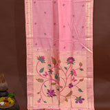 Baby Pink Woven Floral Butti Linen Silk Banarasi Saree With Self Floral Vine Pallu