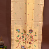 Golden Yellow Woven Floral Butti Linen Silk Banarasi Saree With Self Floral Vine Pallu