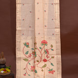 Peach Woven Floral Butti Linen Silk Banarasi Saree With Self Floral Vine Pallu