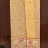 Cream Banarasi Linen Saree With Patan Patola Weave Pallu & Multicolour Butti