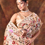Light Cream Embroidered Tissue Silk Saree