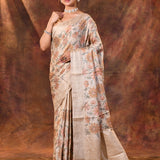 Champagne Beige Embroidered Silk Blend Saree
