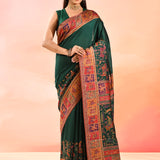 Forest Green Kani Silk Saree With Multicolour Shikargah Weave